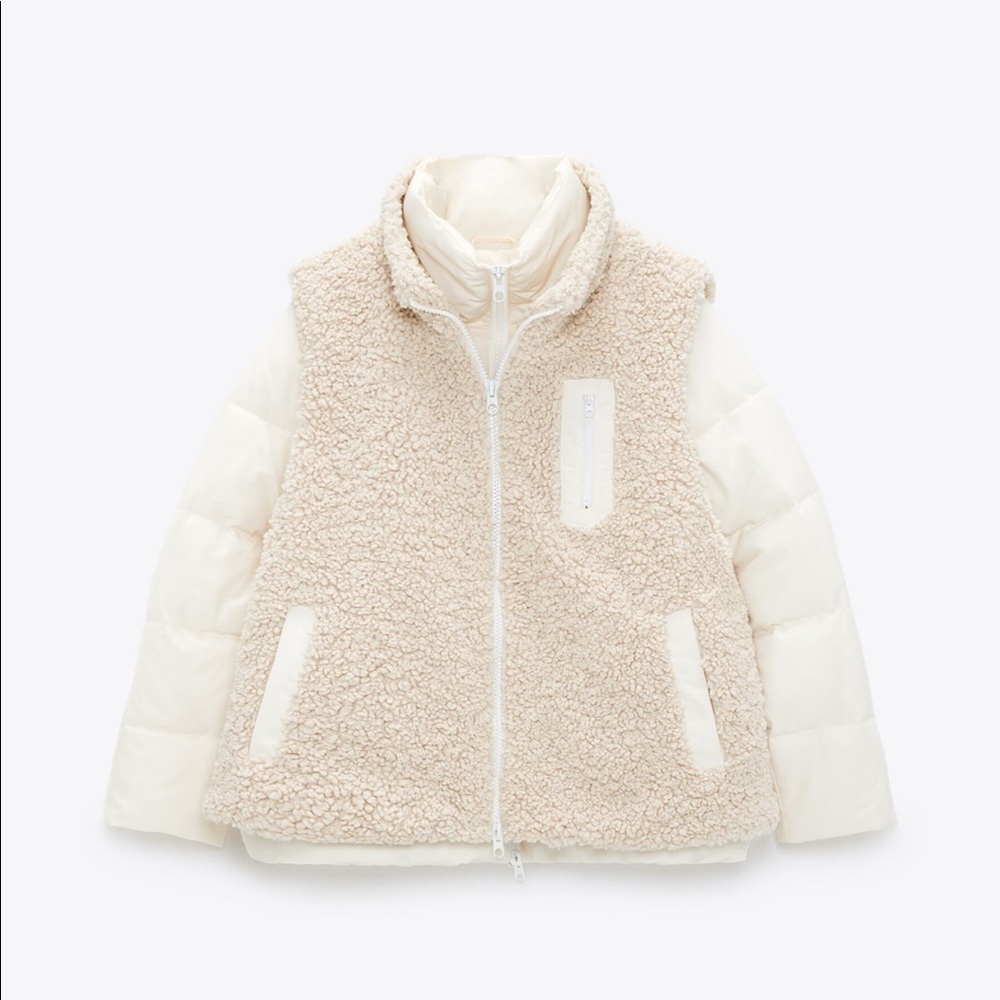 ZARA NWT 2 in 1 sherpa teddy vest jacket M ecru cream